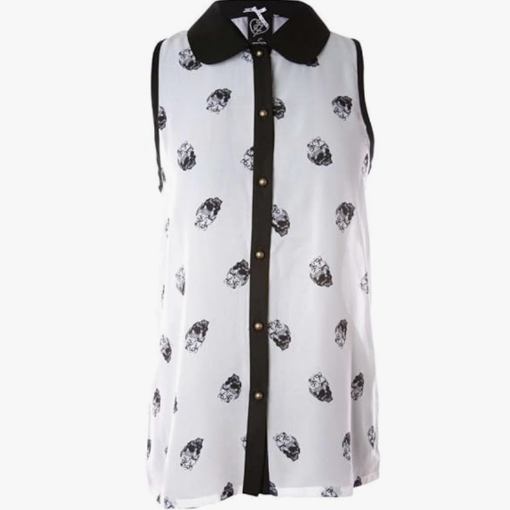 Iron Fist Black and White Sleeveless Skull Print Blouse